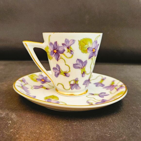 Mini Violets Tea Cup Mitterteich February Birth Flower Demitasse Art Deco German - Picture 1 of 9